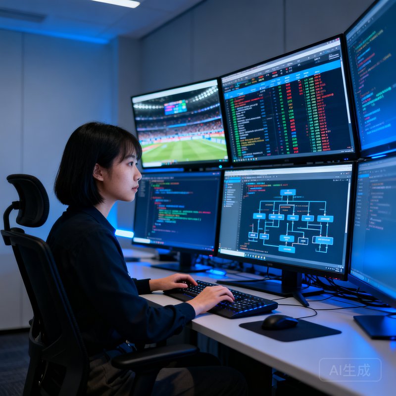 技术总监林若萱坐在多屏工作站前专注编码，屏幕显示实时赛事数据流和系统架构图