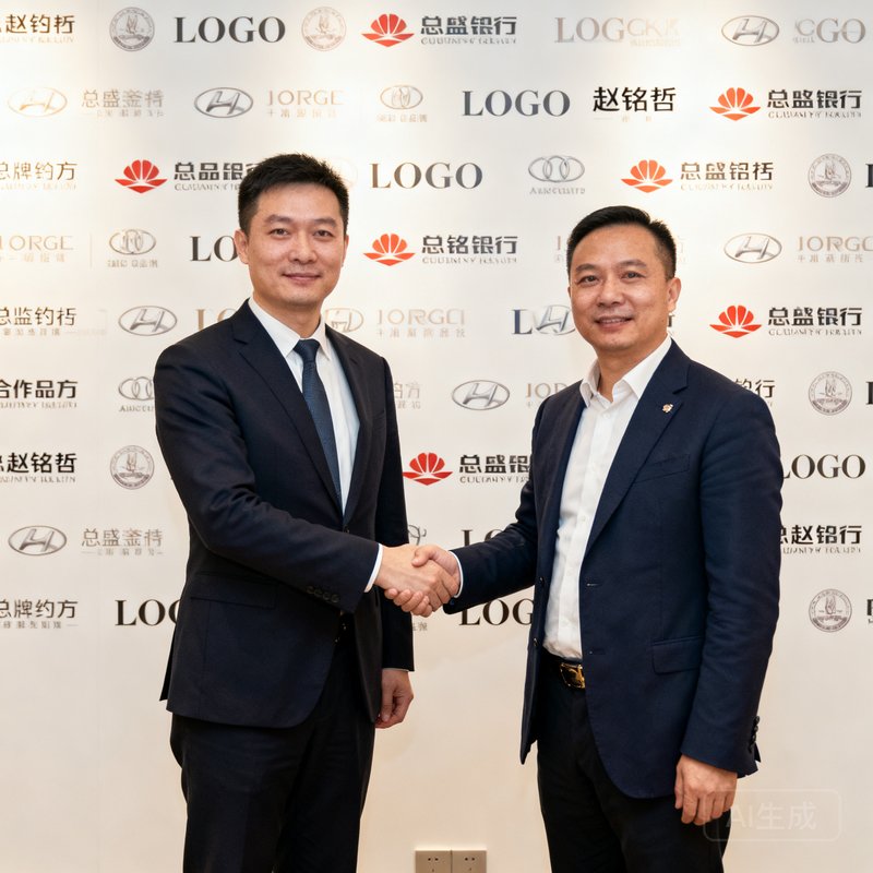 商务总监赵铭哲在合作签约仪式上与品牌方代表握手，背景展示合作品牌LOGO墙
